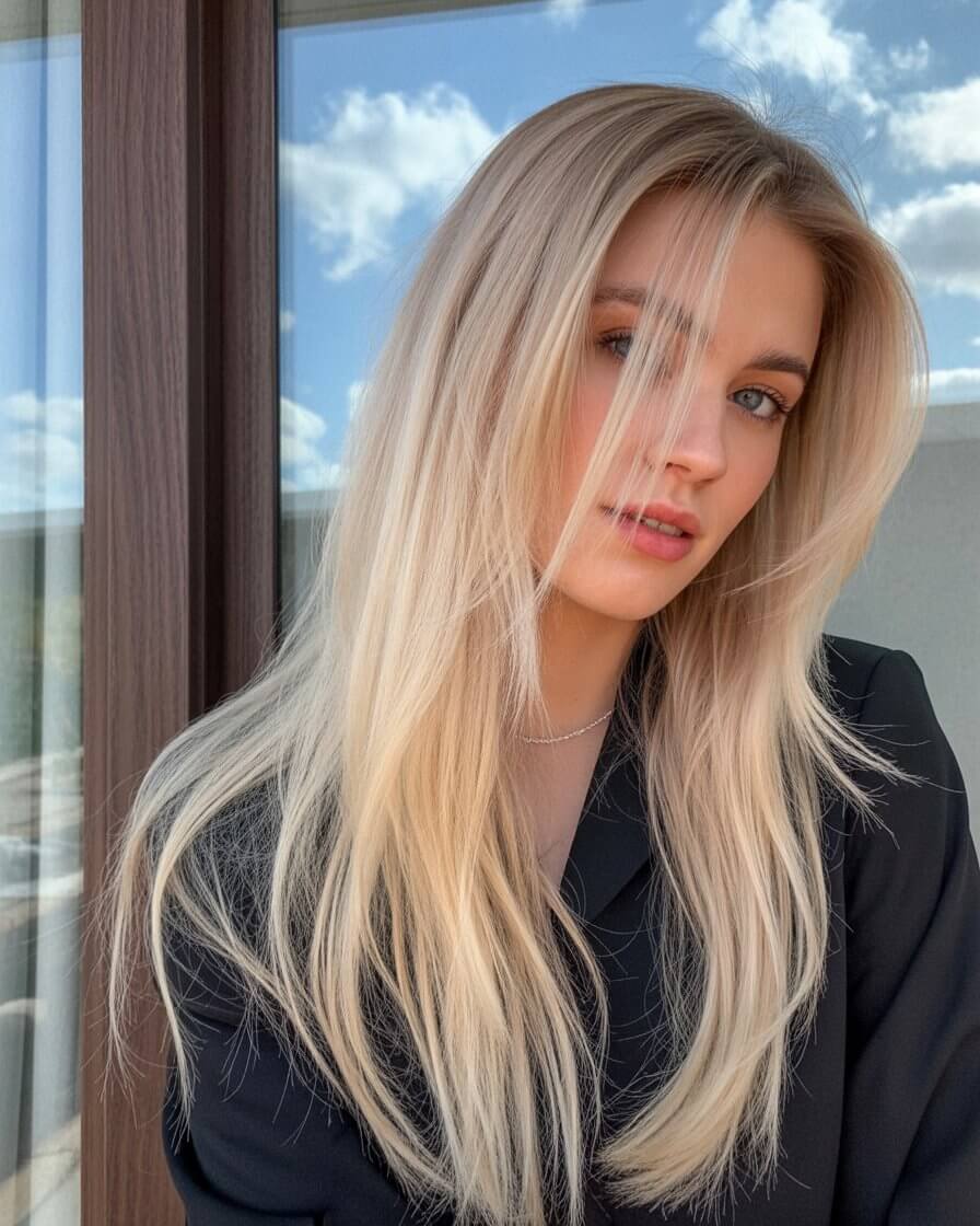 trendy summer haircut 2026 bright blonde long layers with sunlit texture