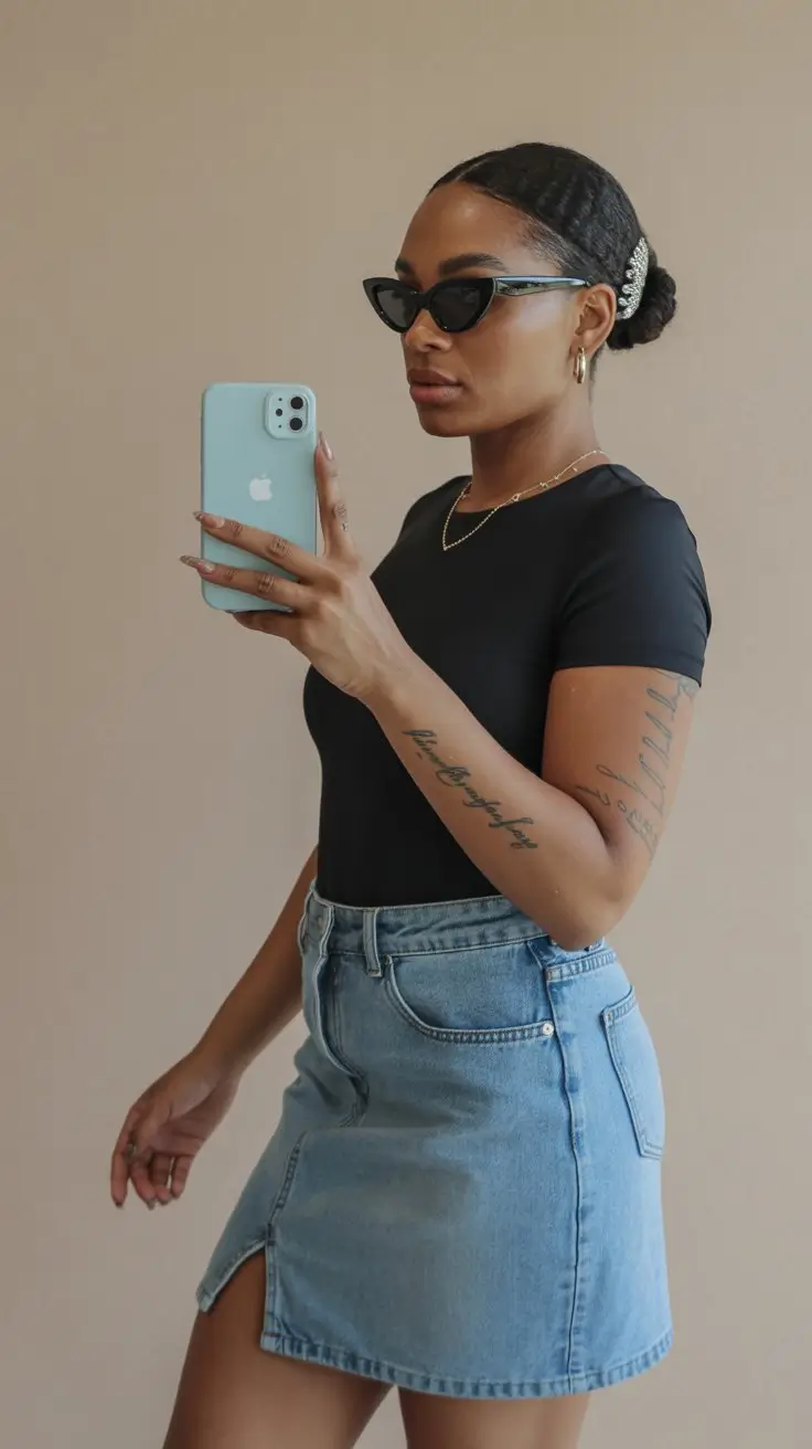 trendy summer outfits for black woman 2026 Clean minimal black top with denim mini energy