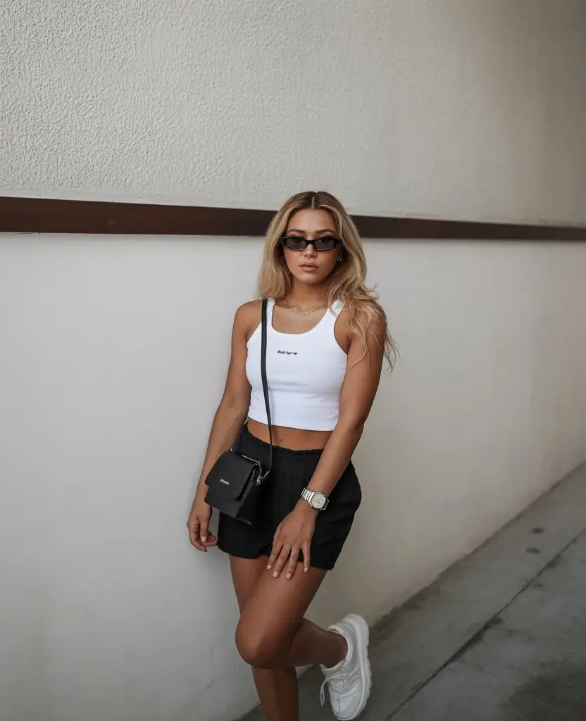 trendy summer outfits for black woman 2026 Sporty white crop top with relaxed black shorts vibe