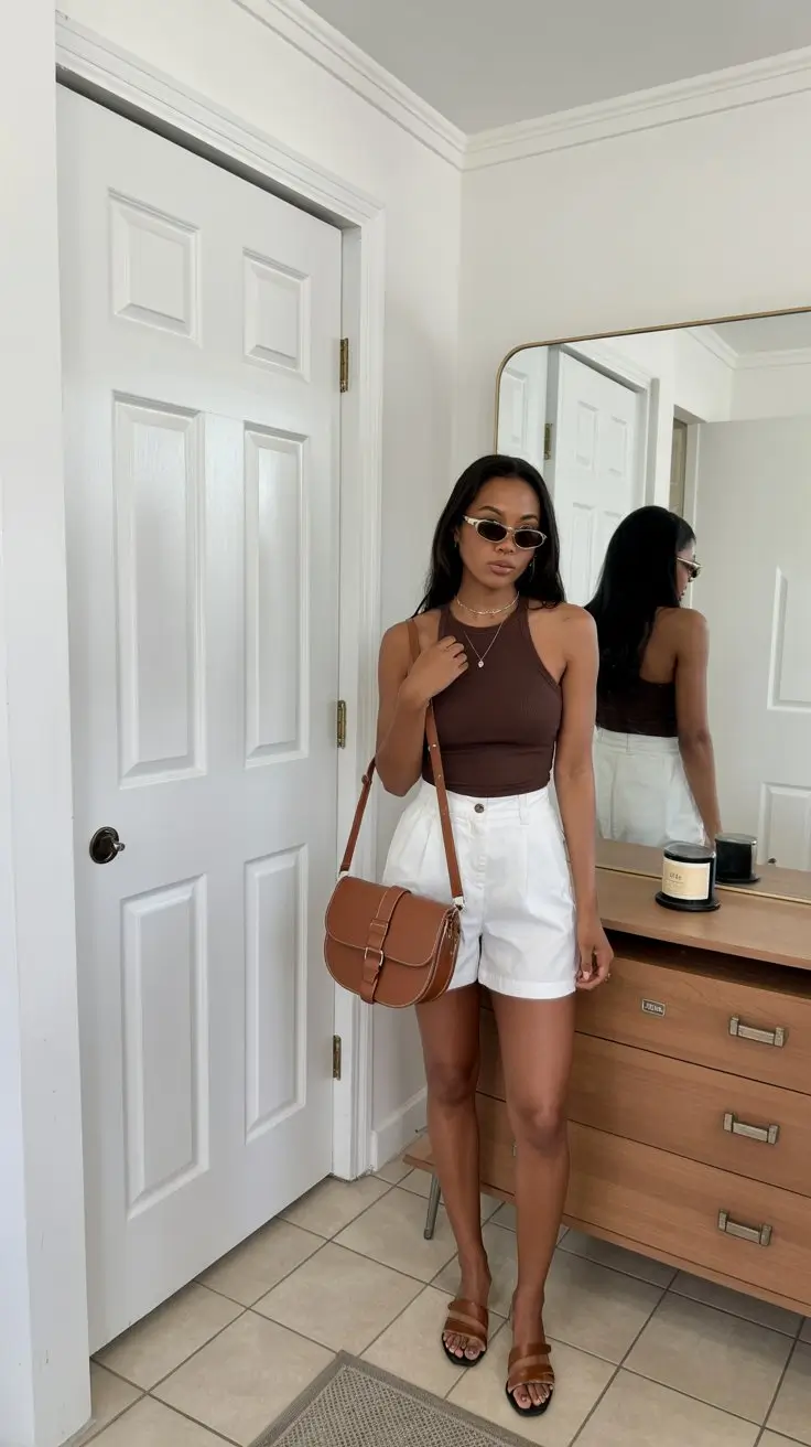 trendy summer outfits for black woman 2026 Neutral brown tank with tailored white shorts elegance