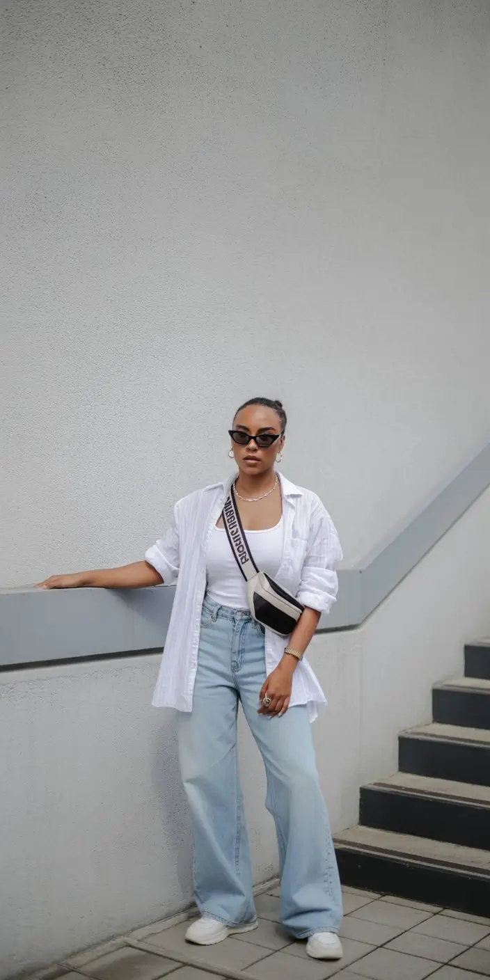 trendy summer outfits for black woman 2026 Oversized white shirt with wide leg denim relaxed street feel