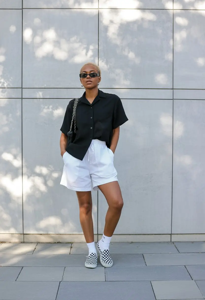 trendy summer outfits for black woman 2026 Black shirt with white shorts clean contrast street style