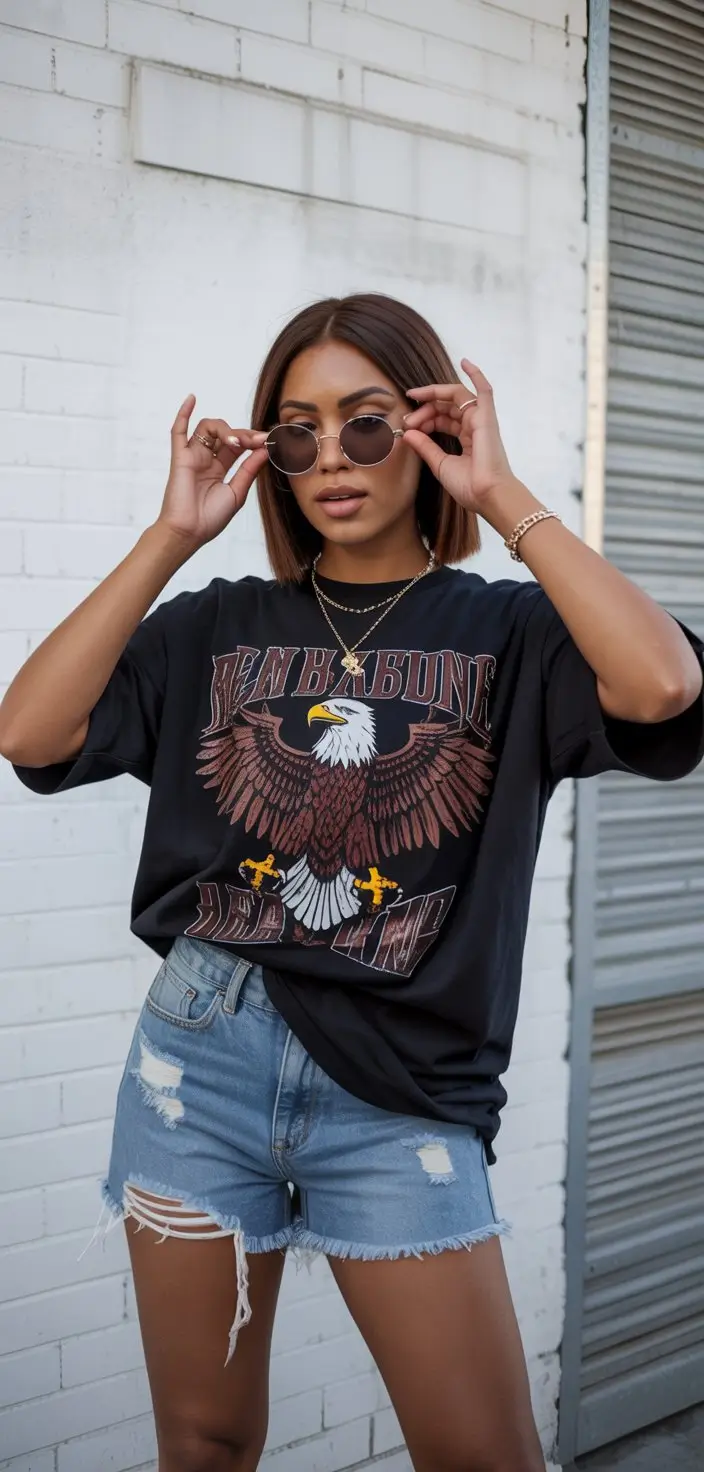 trendy summer outfits for black woman 2026 Oversized graphic tee with distressed denim attitude