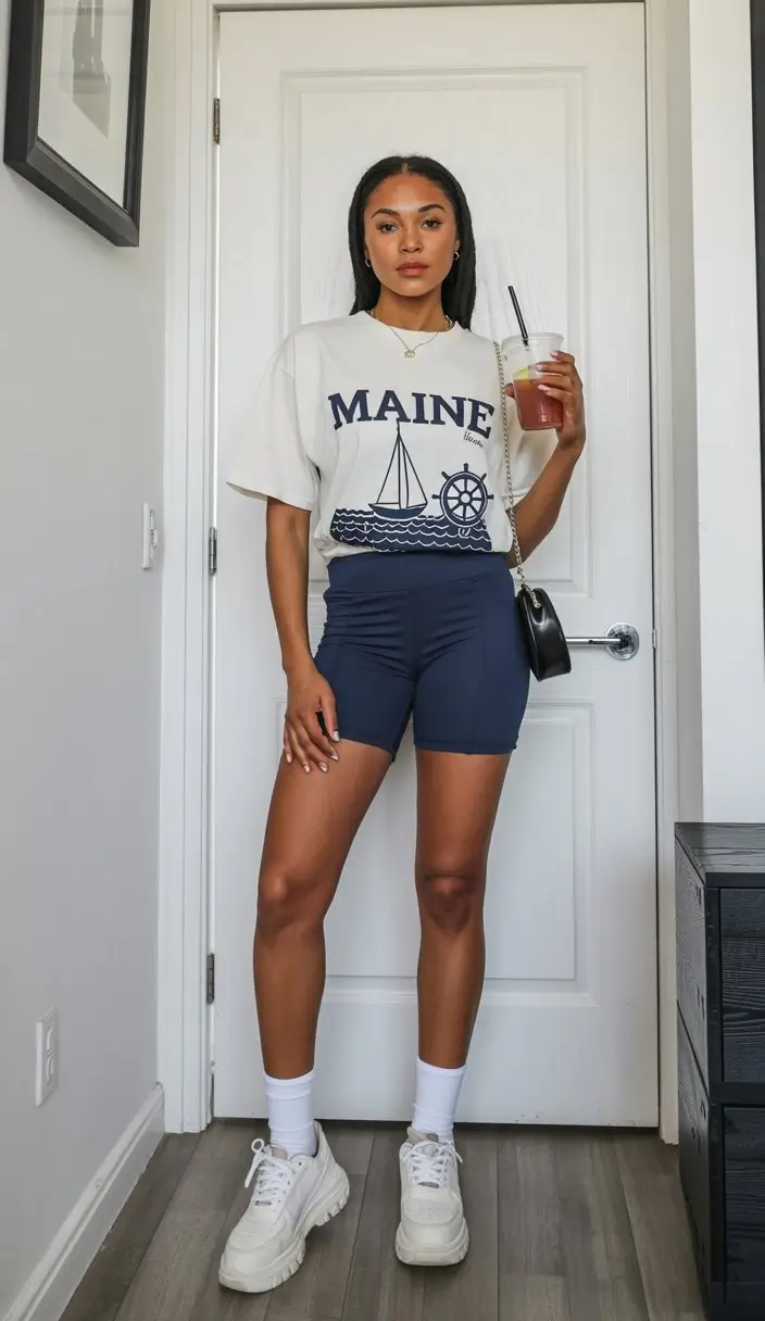 trendy summer outfits for black woman 2026 Graphic tee with fitted biker shorts sporty everyday vibe