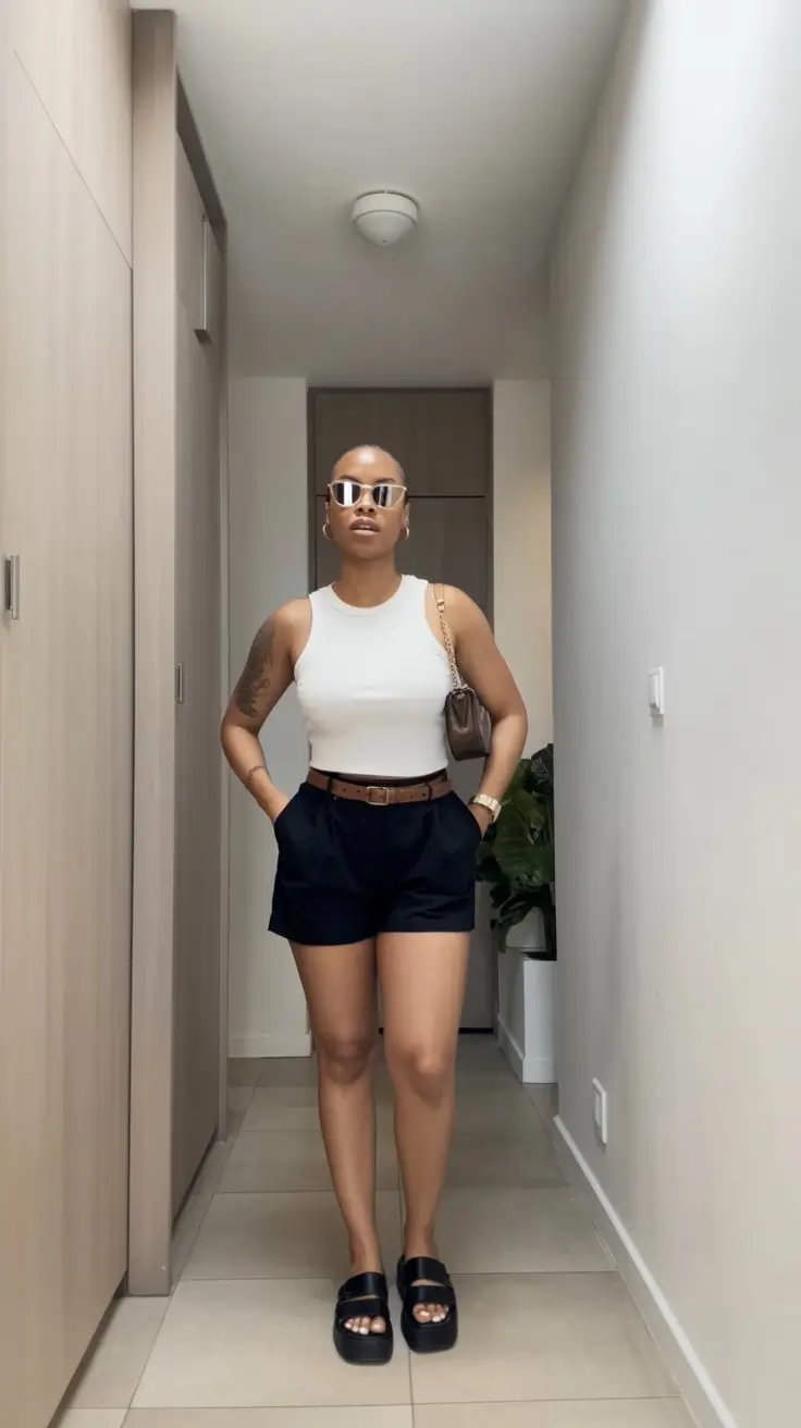 trendy summer outfits for black woman 2026 Tailored black shorts with fitted tank clean summer balance