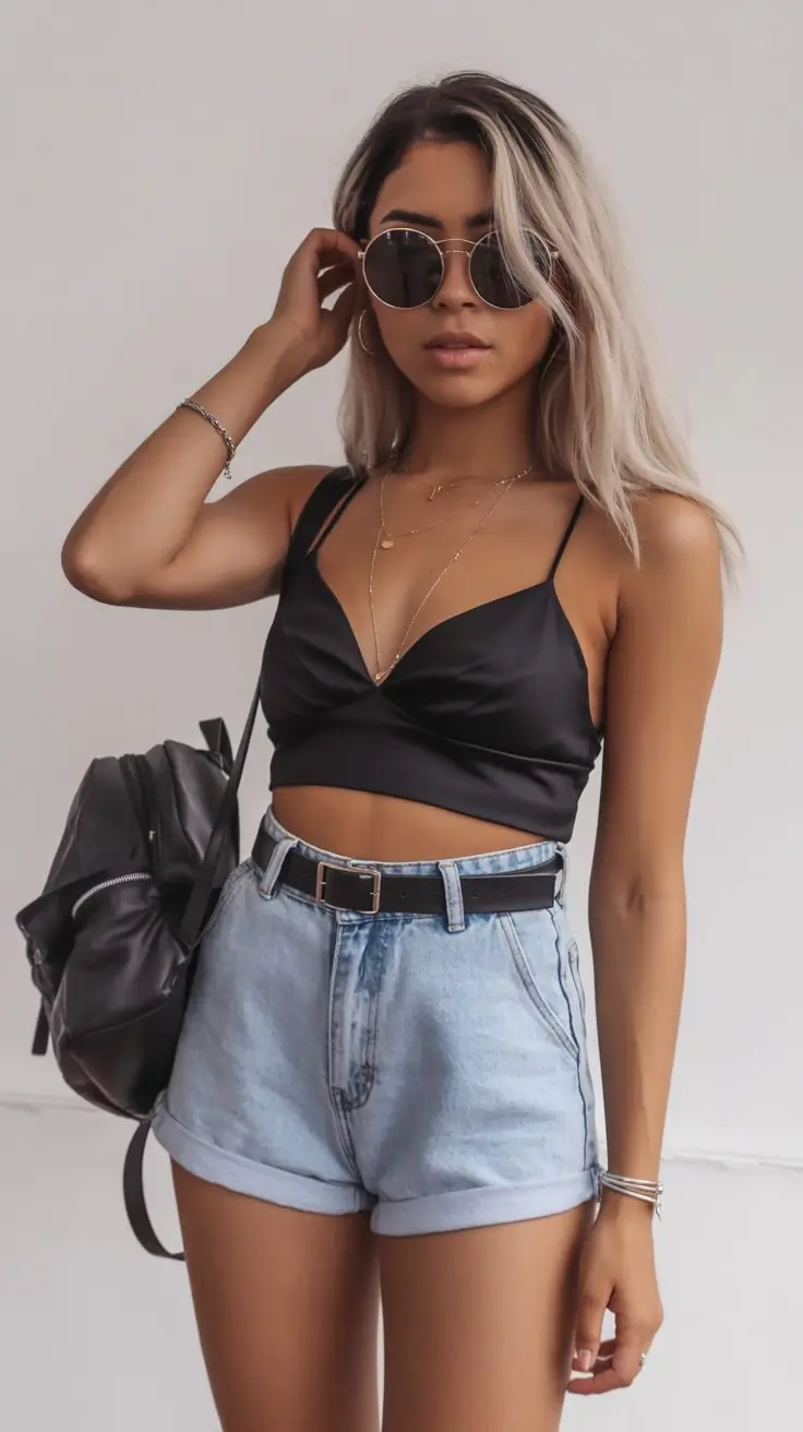 trendy summer outfits for black woman 2026 Sleek black crop top with high waisted denim shorts