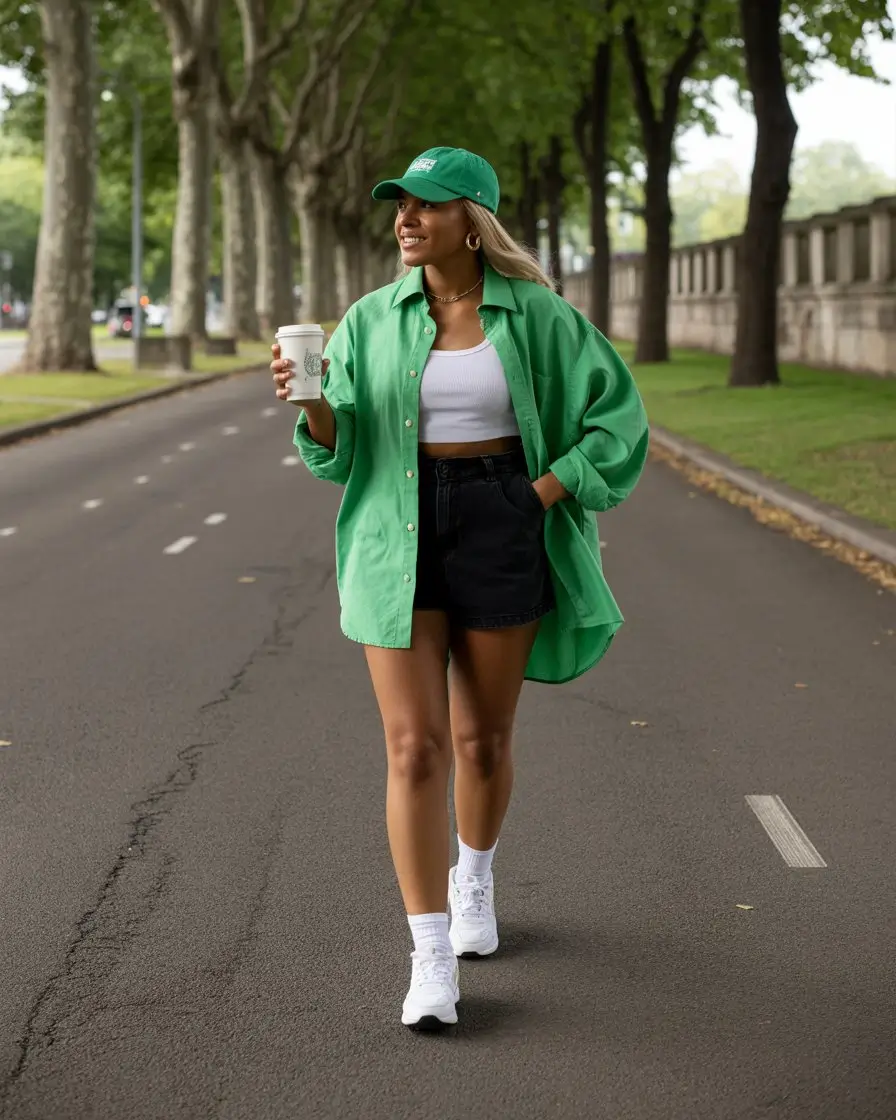 trendy summer outfits for black woman 2026 Bright green oversized shirt with sporty casual energy