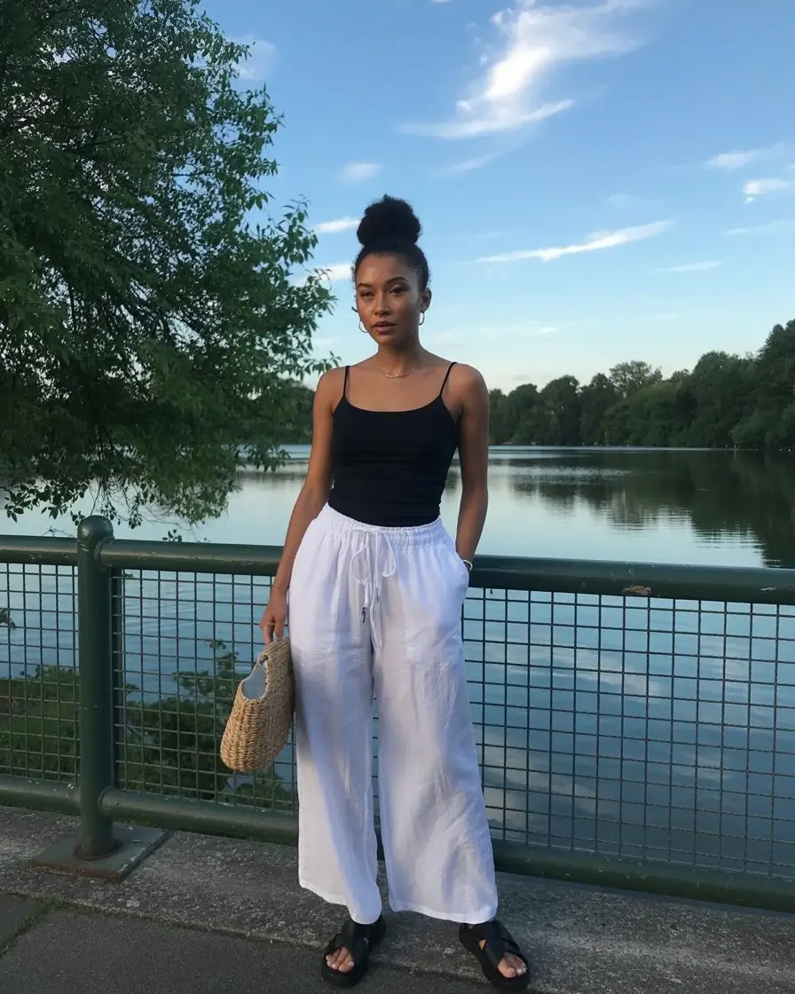 trendy summer outfits for black woman 2026 Black tank with white wide leg pants effortless balance