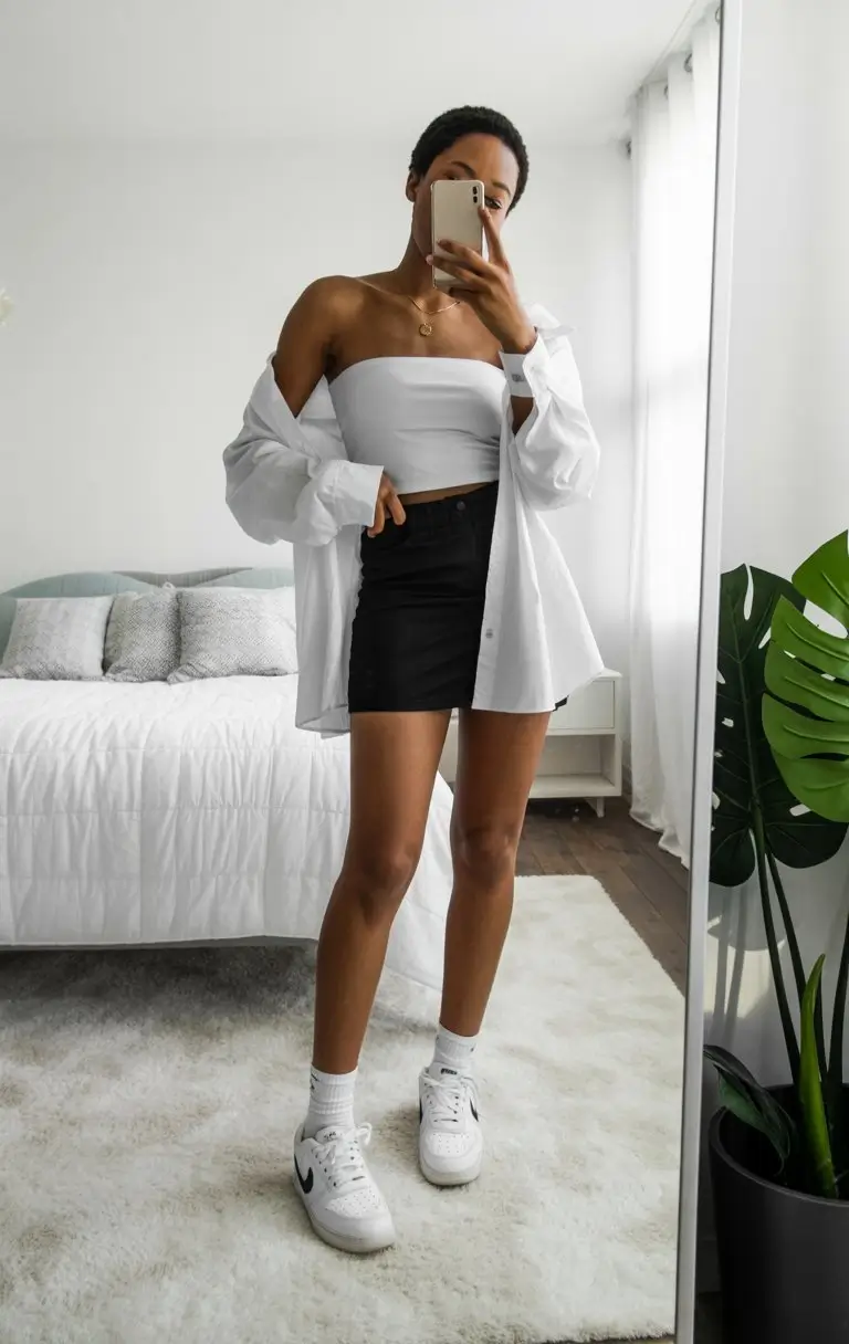 trendy summer outfits for black woman 2026 White bandeau with black mini skirt clean contrast look