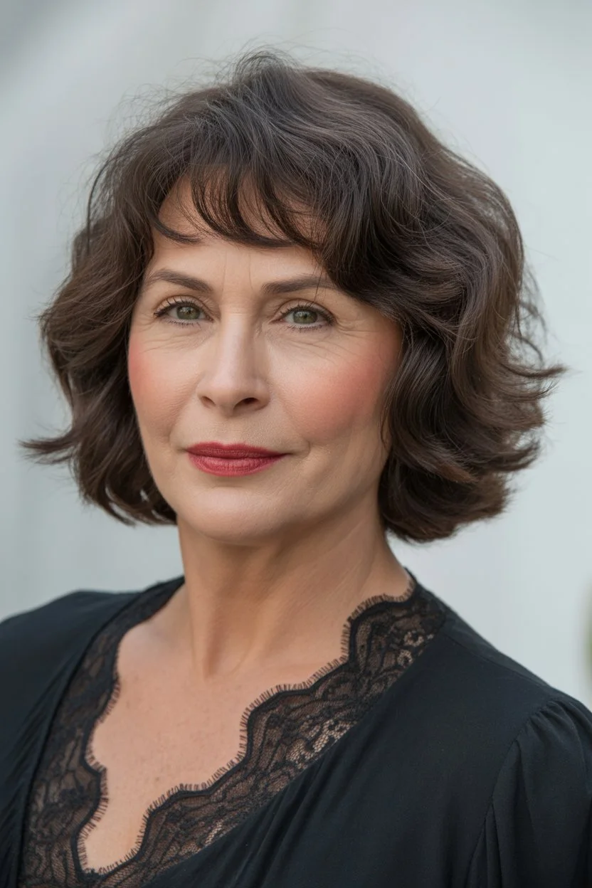 youthful summer haircuts for women over 50 2026 Soft layered bob with airy bangs and natural movement