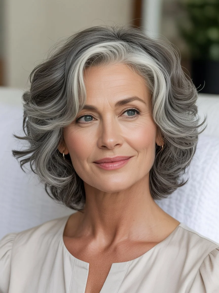 youthful summer haircuts for women over 50 2026 Voluminous layered bob with soft lift and face framing waves