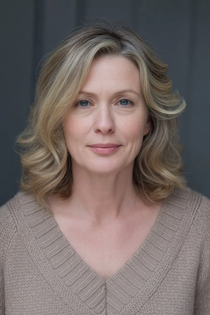 youthful summer haircuts for women over 50 2026 Medium layered cut with soft waves and natural blonde dimension