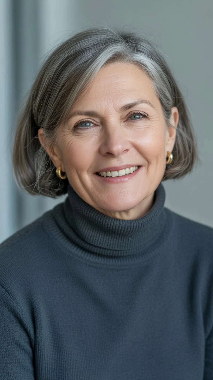 youthful summer haircuts for women over 50 2026 Classic short bob with soft side part and natural grey shine