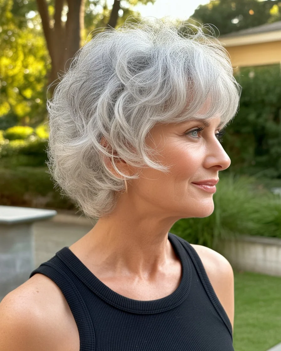 youthful summer haircuts for women over 50 2026 Voluminous short shag with soft curls and airy texture