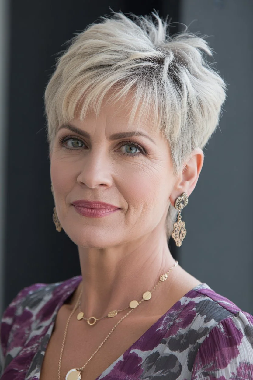 youthful summer haircuts for women over 50 2026 Textured short pixie with lifted crown and modern edge