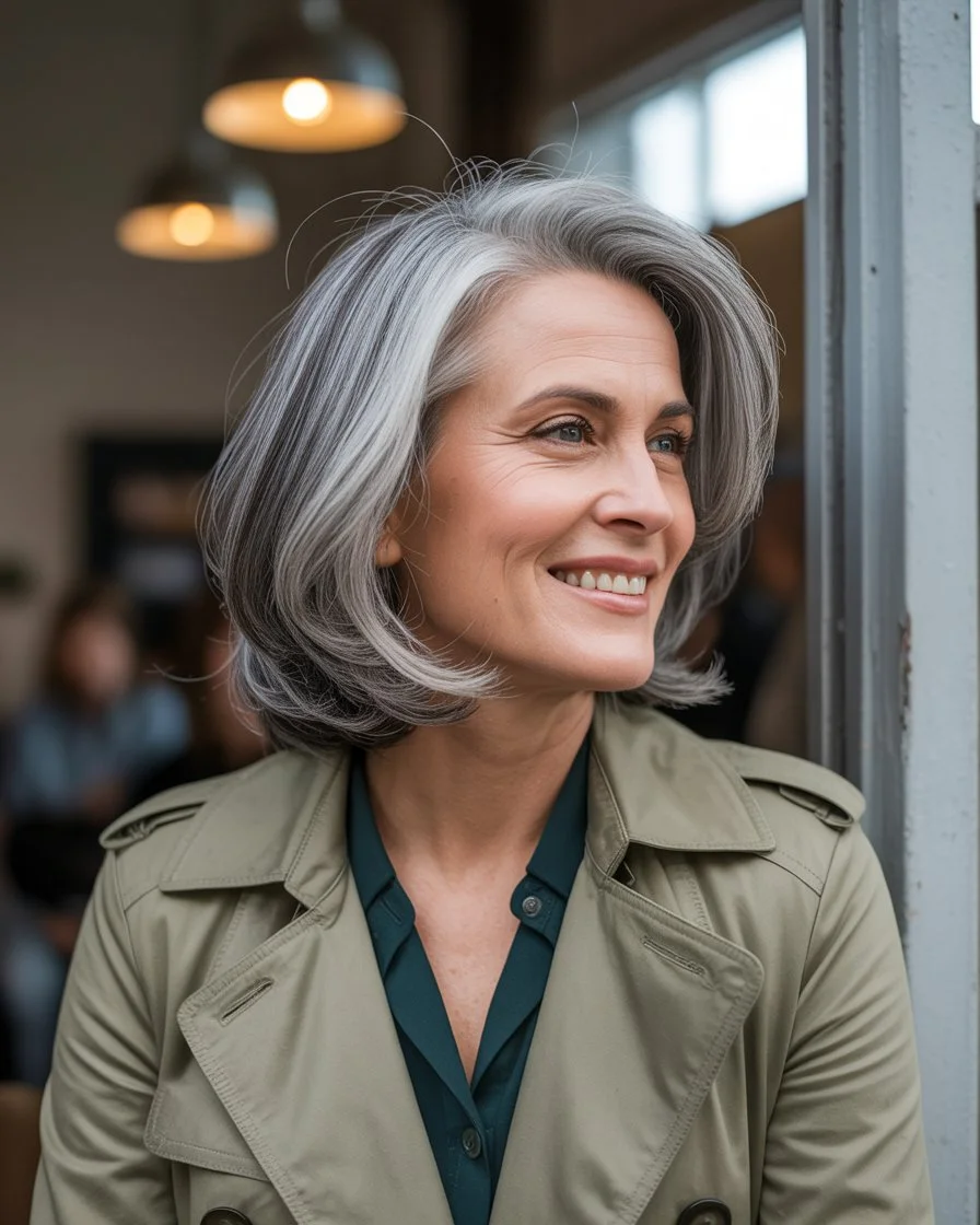 youthful summer haircuts for women over 50 2026 Elegant grey long bob with soft volume and side part