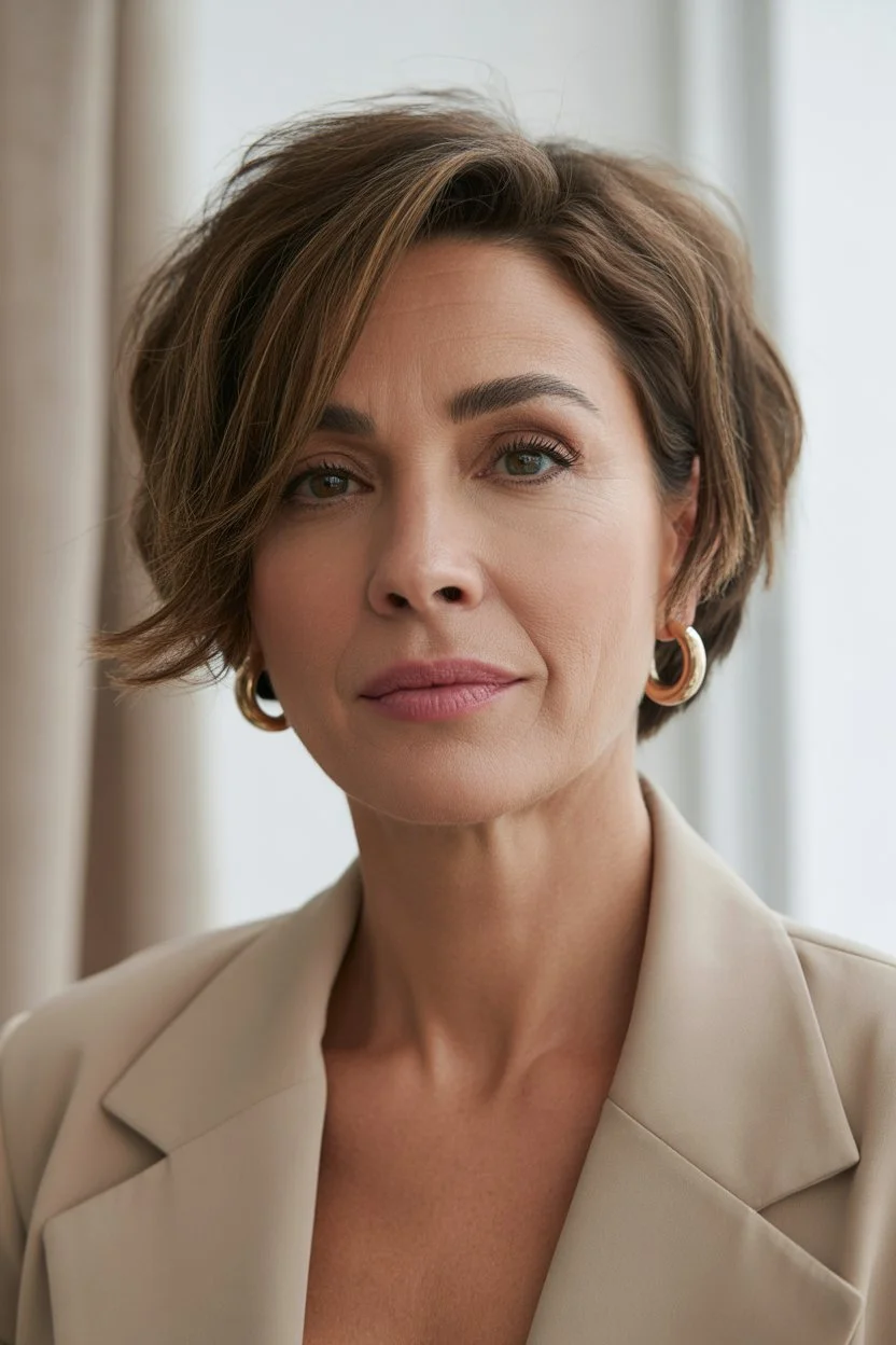 youthful summer haircuts for women over 50 2026 Edgy short layered crop with side sweep and modern finish