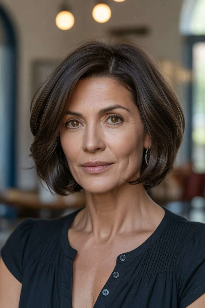 youthful summer haircuts for women over 50 2026 Polished classic bob with soft inward curve and rich brunette tone