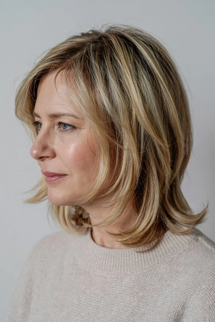 youthful summer haircuts for women over 50 2026 Feathered medium shag with sunlit highlights