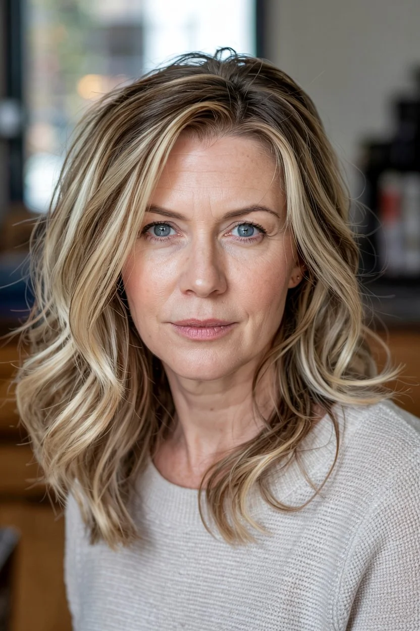 youthful summer haircuts for women over 50 2026 Long layered waves with soft blonde dimension