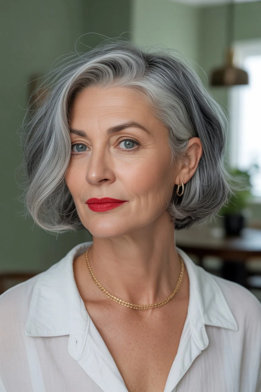 youthful summer haircuts for women over 50 2026 Chic short bob with sleek silver finish