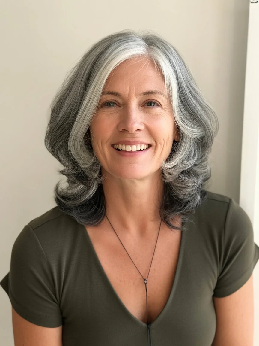 youthful summer haircuts for women over 50 2026 Soft voluminous layered medium cut with natural grey blend