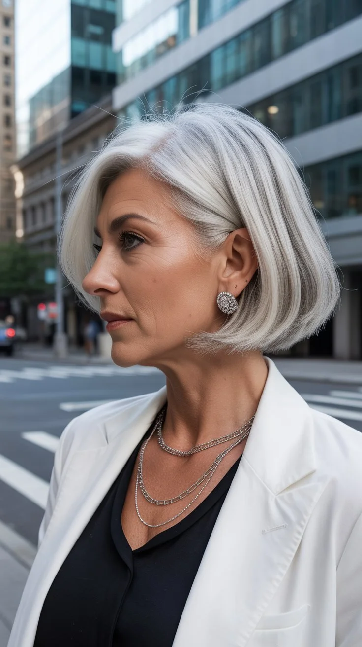 youthful summer haircuts for women over 50 2026 Sharp sleek short bob with polished silver precision