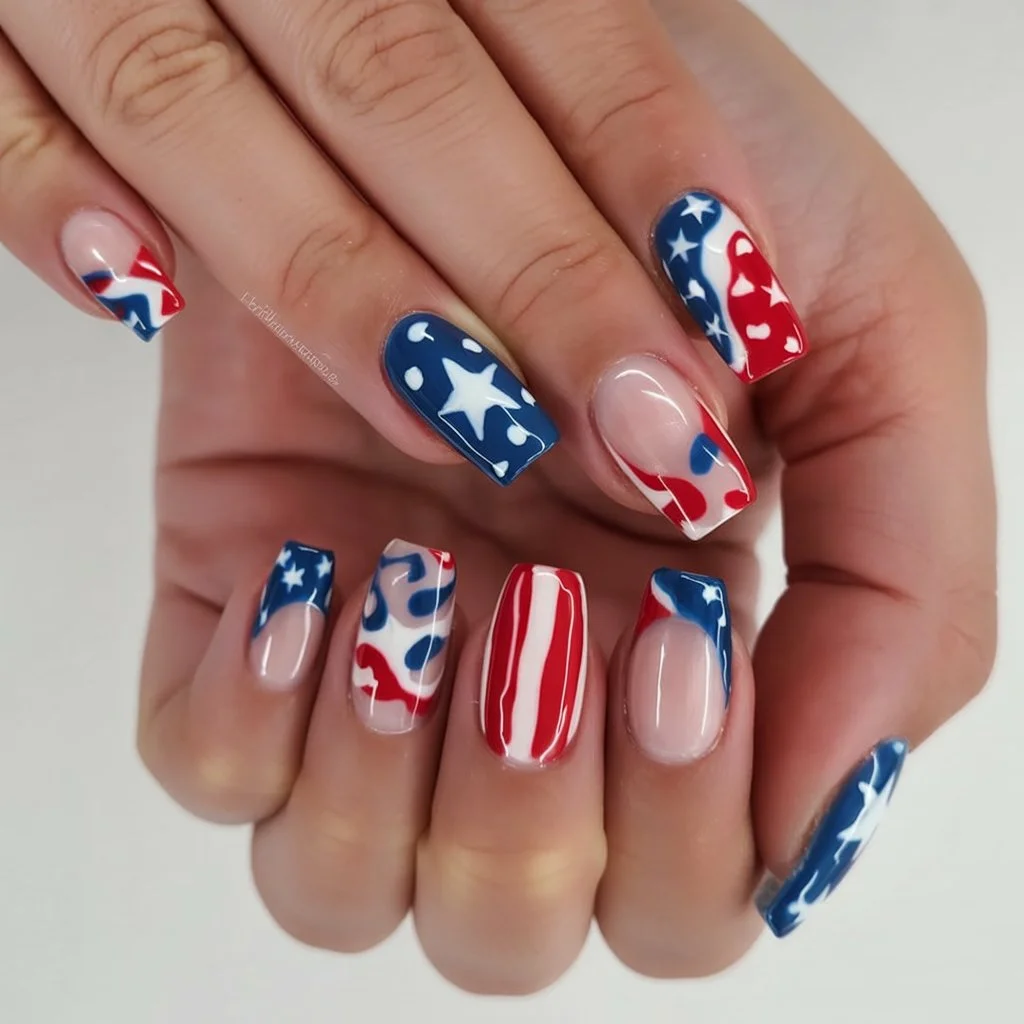 4th of july nails 2026 Retro Swirl And Star Nails With Graphic Pop Art Energy