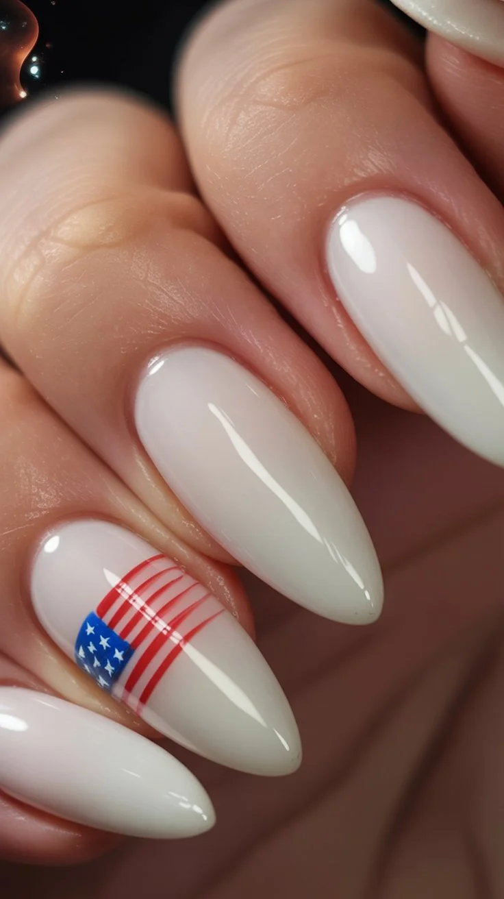 4th of july nails 2026 Minimal White Almond Nails With A Tiny Flag Detail