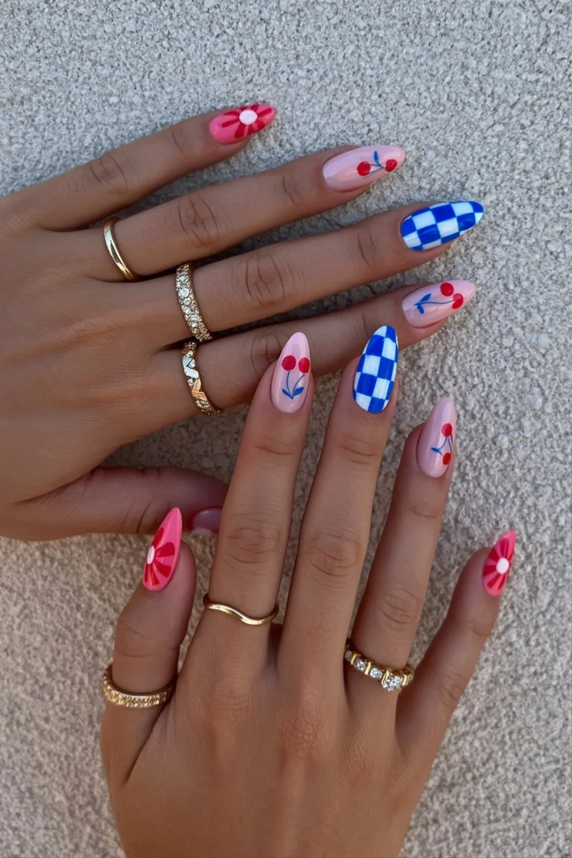 4th of july nails 2026 Retro Cherry Art With Playful Picnic Energy