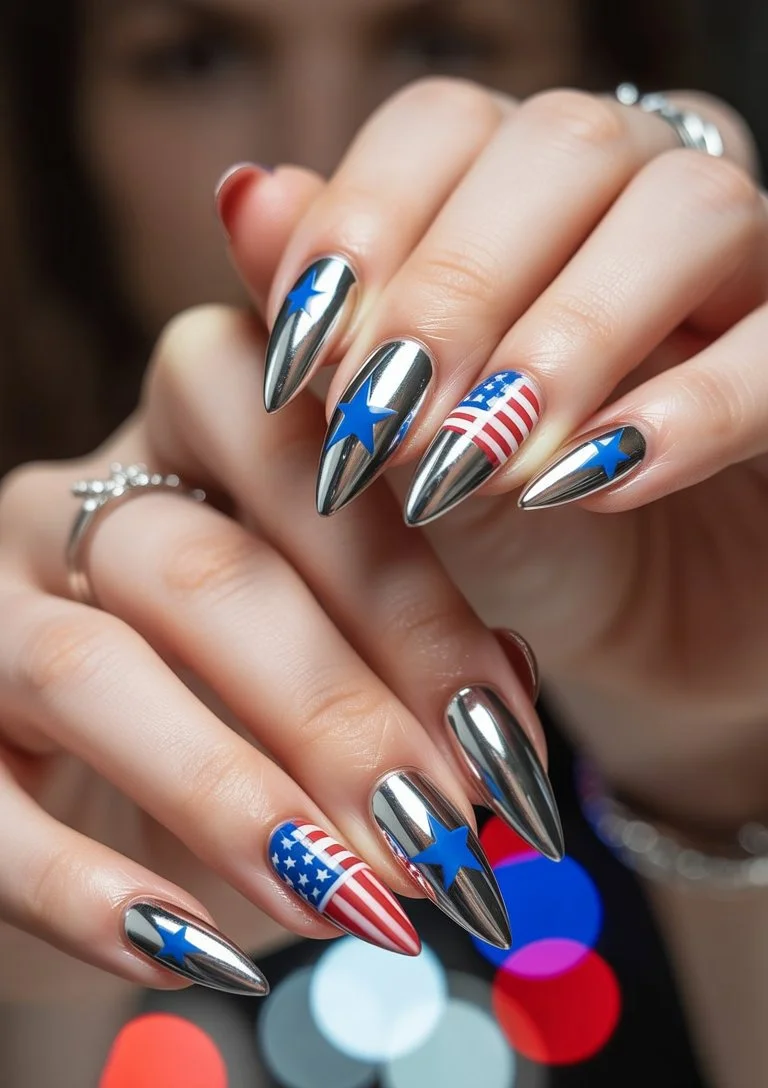 4th of july nails 2026 Chrome Star Nails For Fireworks Night
