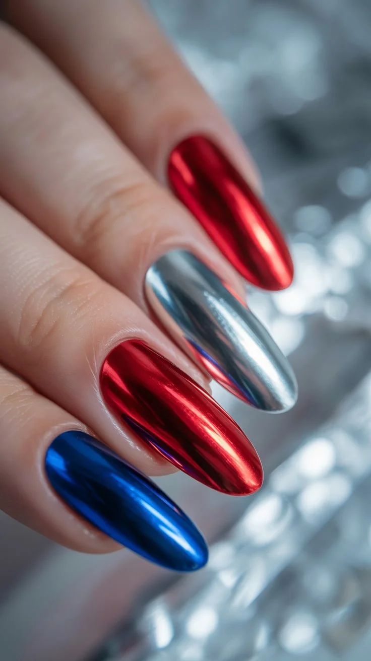 4th of july nails 2026 Mirror Chrome Nails With Bold Patriotic Shine