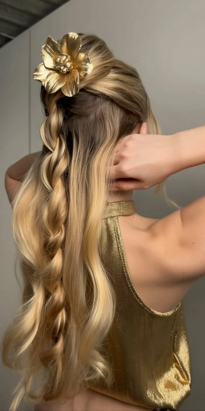 beachy summer wavy hairstyle 2026 golden half up waves with statement floral clip