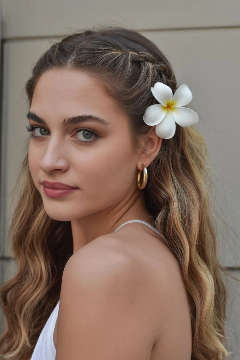 beachy summer wavy hairstyle 2026 romantic braided waves with floral accent