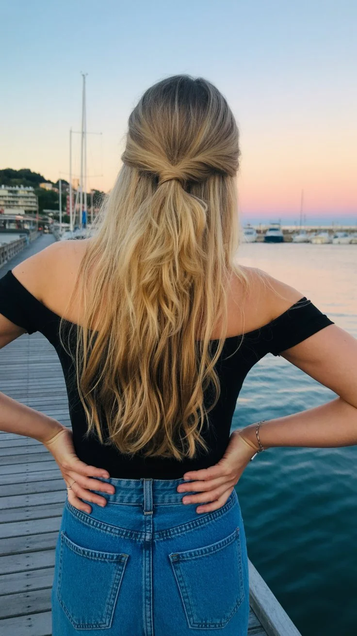 beachy summer wavy hairstyle 2026 relaxed half up waves with soft summer movement