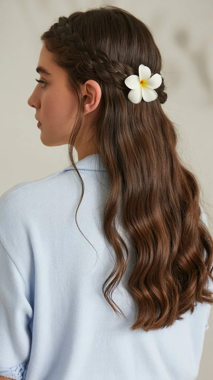 beachy summer wavy hairstyle 2026 soft brunette waves with a delicate floral braid