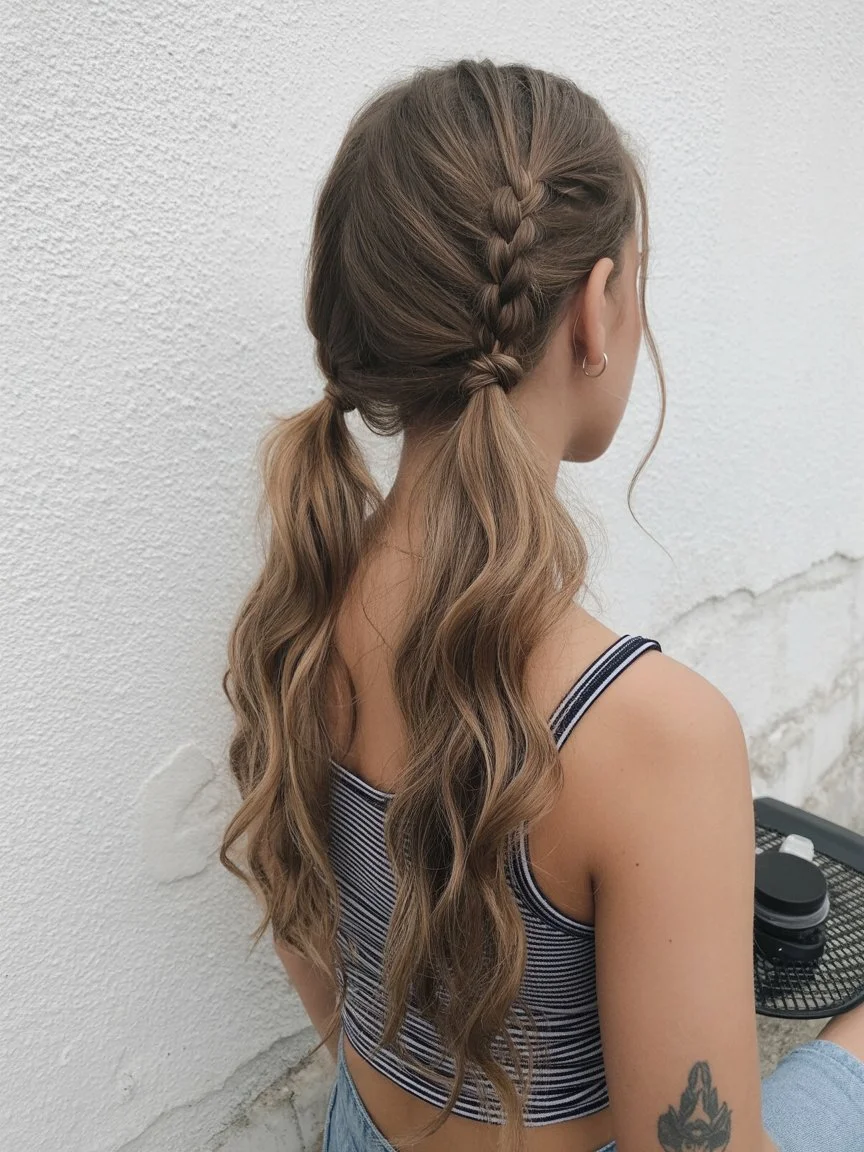 beachy summer wavy hairstyle 2026 low braided ponytail with soft flowing waves