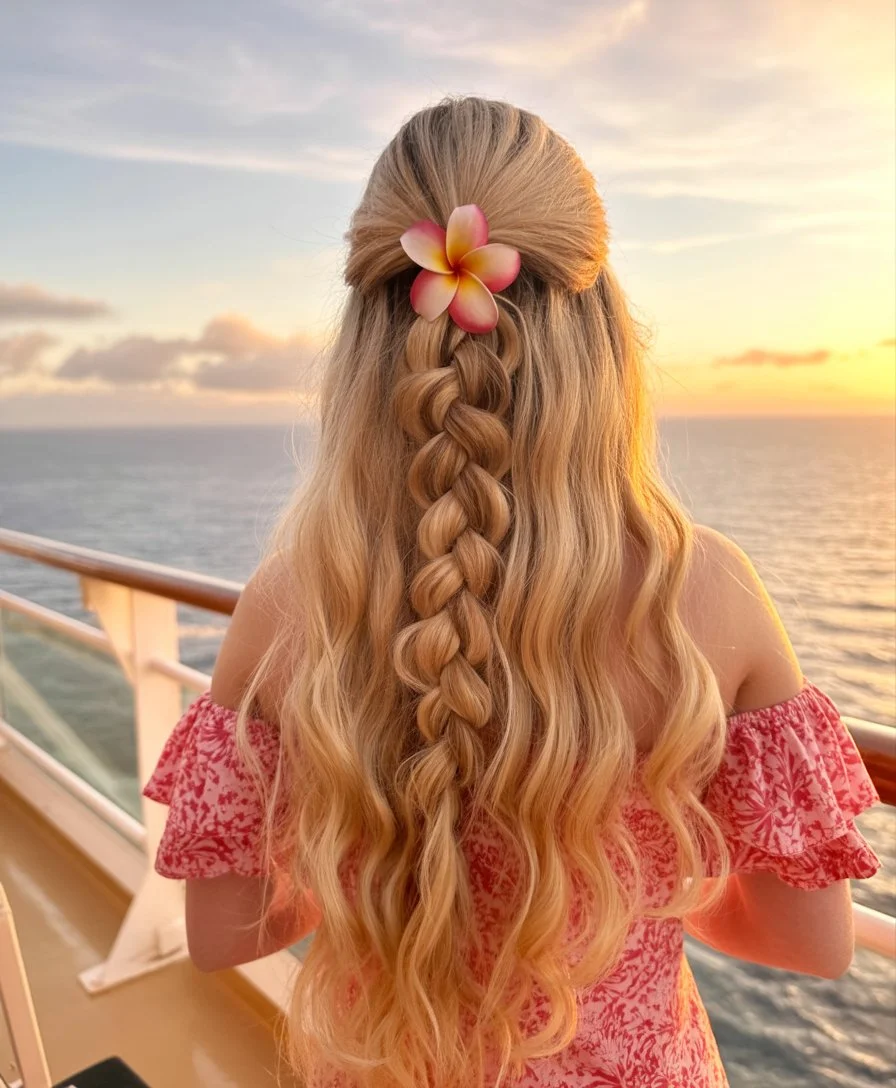 beachy summer wavy hairstyle 2026 golden half up braid with sunset waves