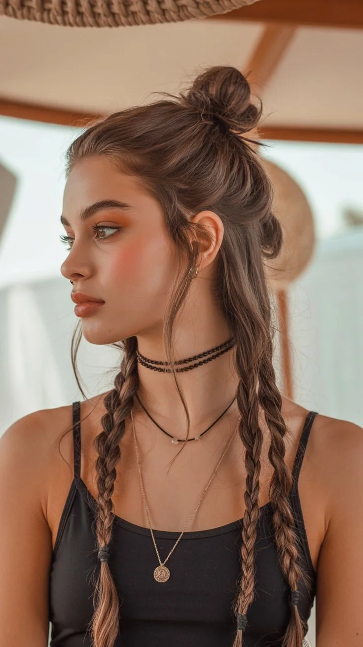 boho summer braids hairstyle 2026 Soft Half Up Braids With a Messy Knot Energy