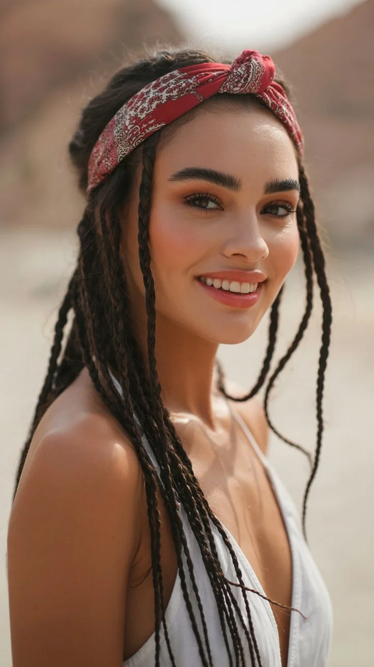 boho summer braids hairstyle 2026 Bandana Micro Braids With Sunlit Skin Glow