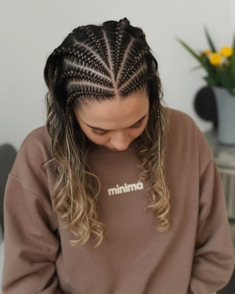 boho summer braids hairstyle 2026 Structured Cornrow Pattern With Soft Curled Ends