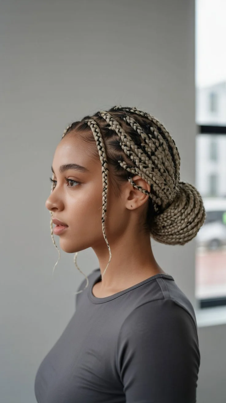 boho summer braids hairstyle 2026 Knotless Braided Low Bun With Clean Finish