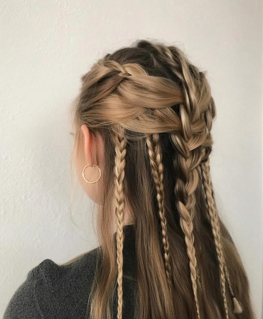 boho summer braids hairstyle 2026 Half Up Braided Crown With Mixed Texture Lengths