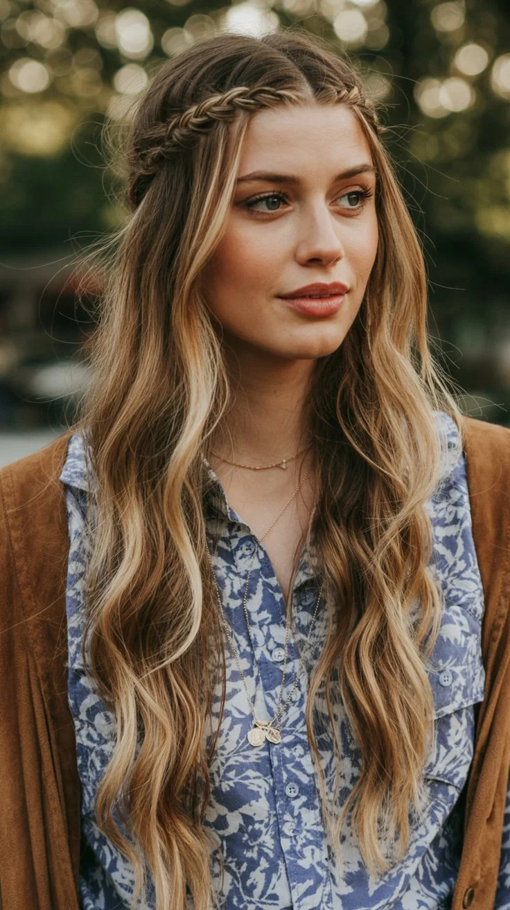boho summer braids hairstyle 2026 Delicate Crown Braid With Natural Flowing Length