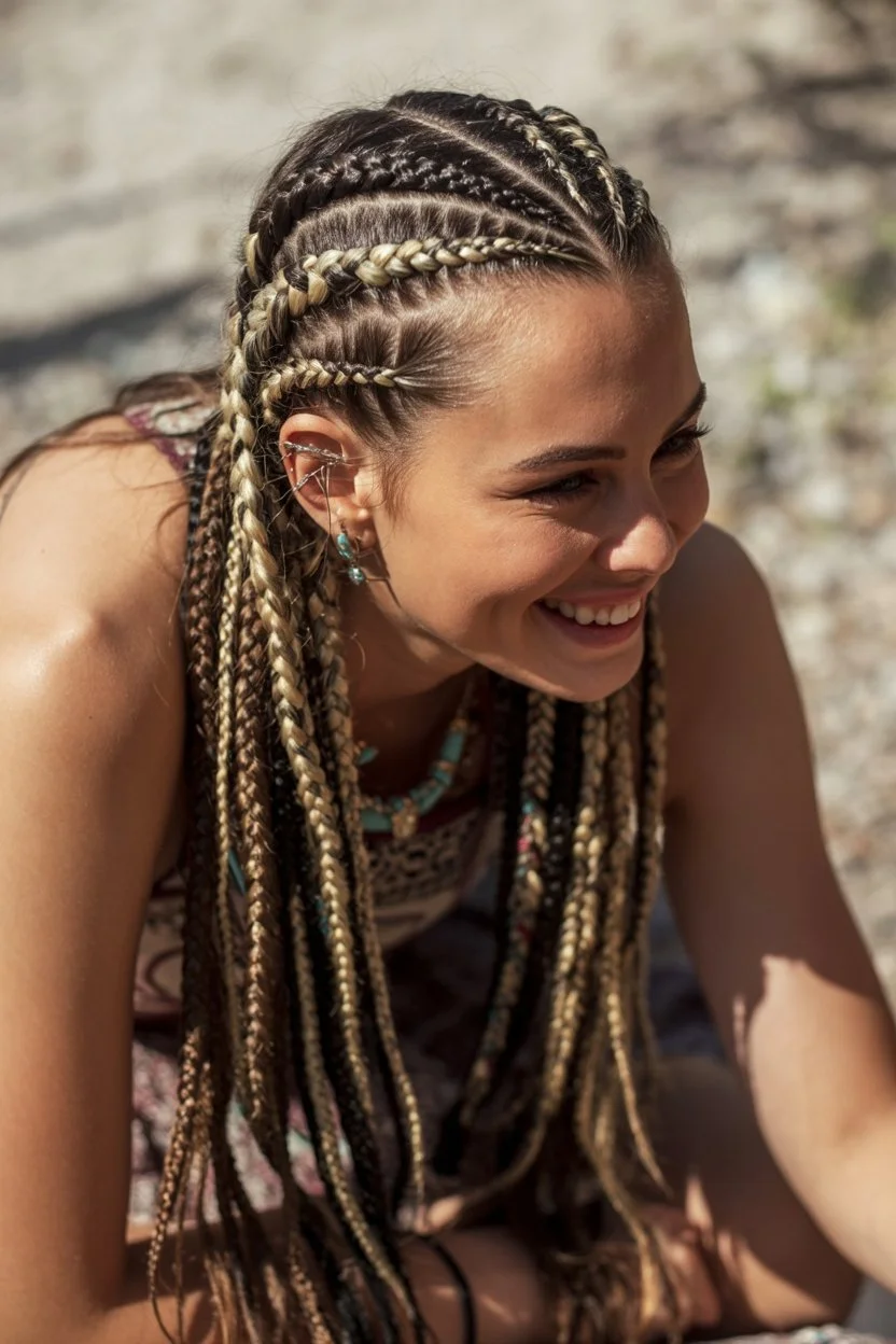 boho summer braids hairstyle 2026 Intricate Boho Cornrows With Mixed Blonde Dimension