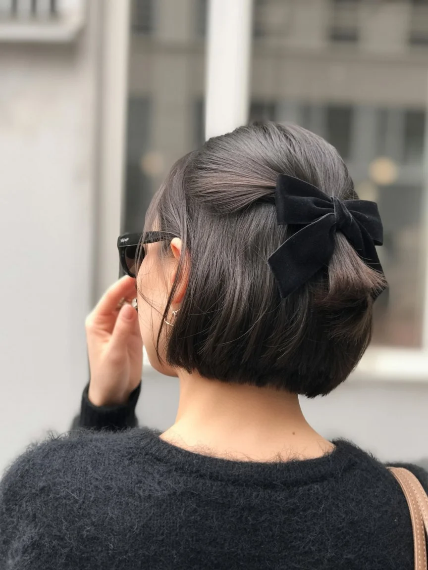 cute summer short hairstyles 2026 sleek short bob with oversized ribbon detail