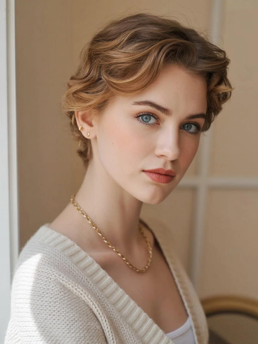 cute summer short hairstyles 2026 soft sculpted pixie with vintage inspired waves