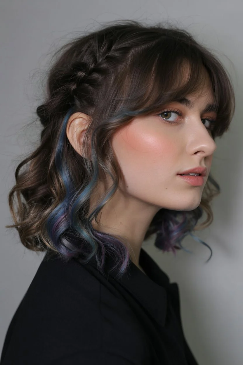 cute summer short hairstyles 2026 soft waves with hidden pastel tones and side braid detail