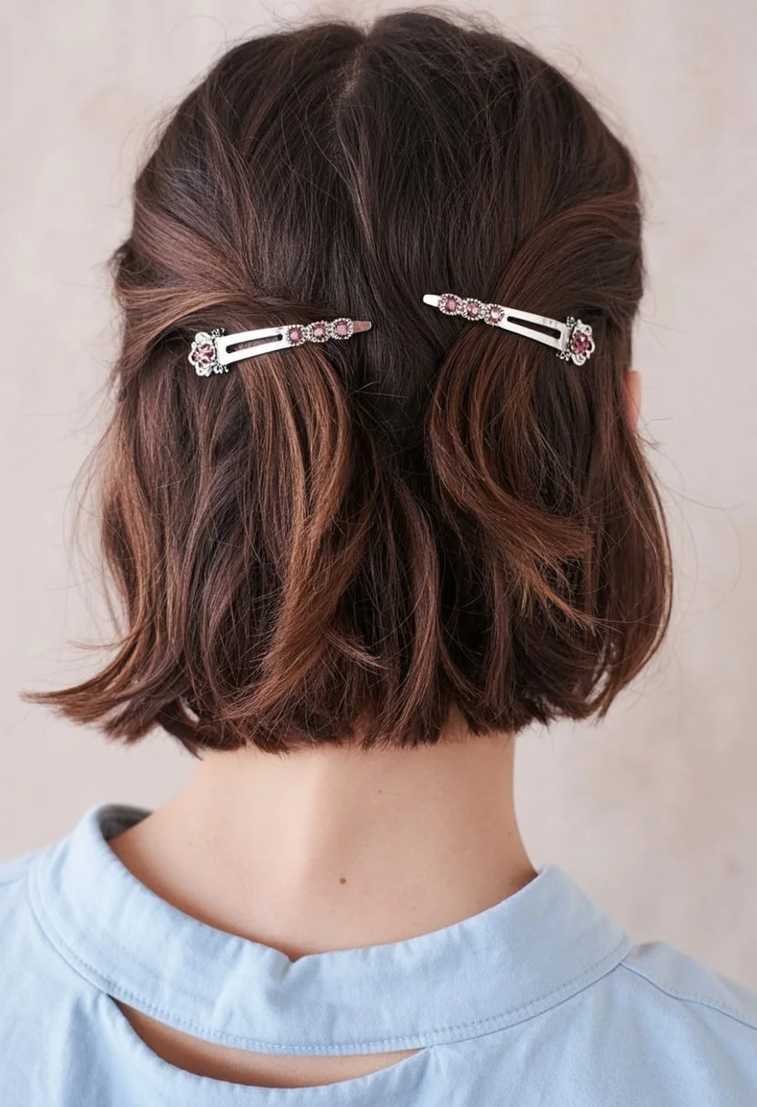cute summer short hairstyles 2026 half up short bob with decorative clips for an effortless finish