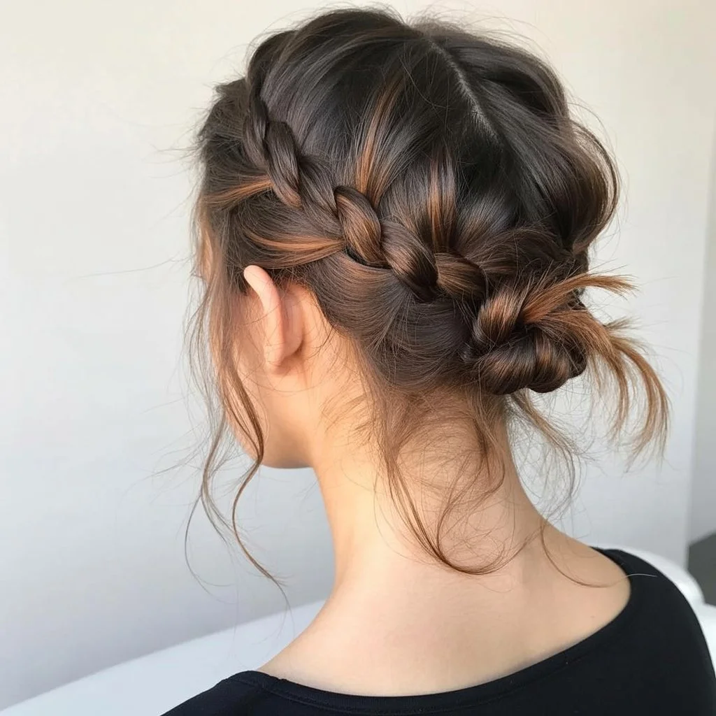 cute summer short hairstyles 2026 low braided updo for short hair with soft undone texture